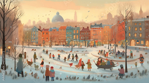 A lively winter scene in a bustling city, adorned with colorful lights and decorations, people ice skating on a frozen river, and a snow-covered park with children building snowmen and -- AI generator