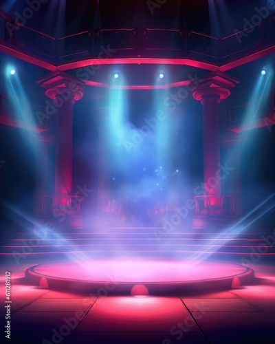 The stage is empty  with neon smoke and a spotlight.  Illustration  Generative AI 