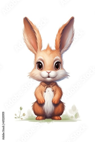 Cute baby Hare in Cartoon Style on white background - generative AI