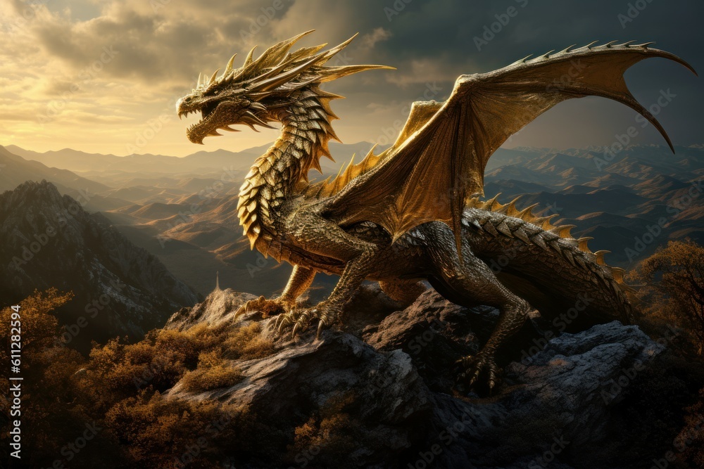 Golden dragon mountain art. Generate Ai Stock Illustration | Adobe Stock