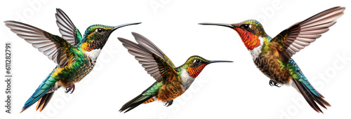 Illustration of three beautiful flying hummingbirds on a transparent background  Generative AI