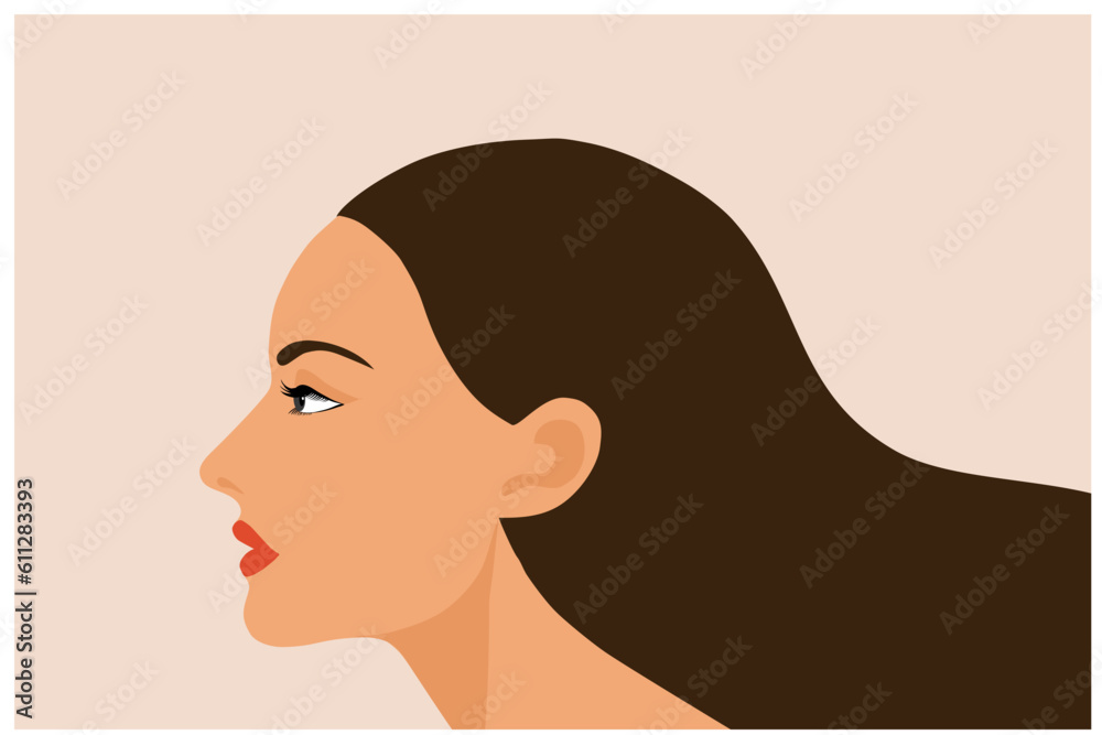 Beautiful woman face and black hair empowerment vector illustration.  Woman empower design concept background