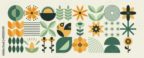 Abstract geometric floral pattern. Natural organic flower plants shapes, eco agriculture concept. Vector minimal illustration photo