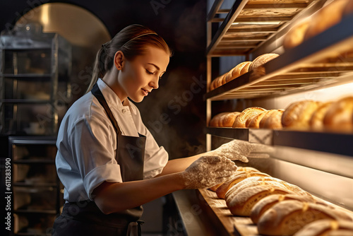 Skilled Female Baker Creating Artisanal Bread in Contemporary Bakery. Generative AI.