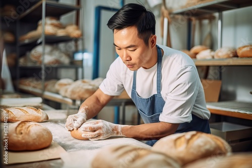 Skilled Male Baker Creating Artisanal Bread in Contemporary Bakery. Generative AI.
