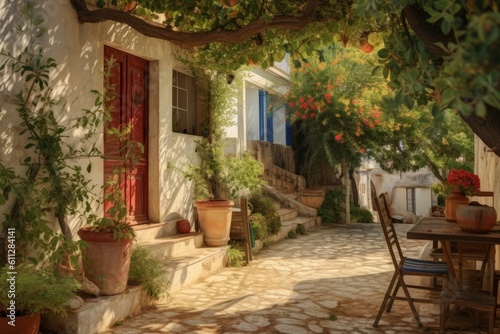 Greek house backyard. Generate Ai