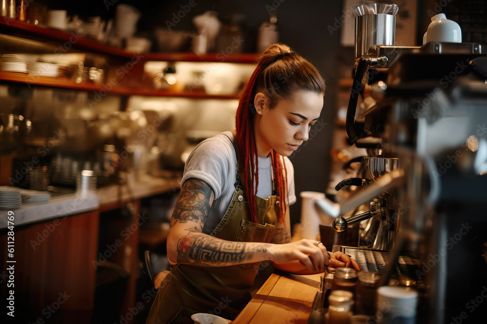  Passionate Small Business Female Owner Crafting Latte Art Masterpiece. Generative AI.