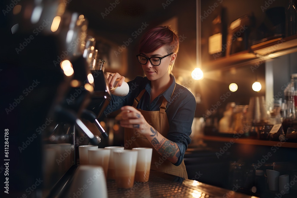  Passionate Small Business Female Owner Crafting Latte Art Masterpiece. Generative AI.