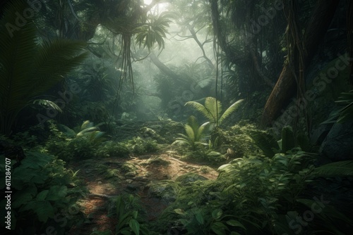 Green prehistoric jungle. Generate Ai photo