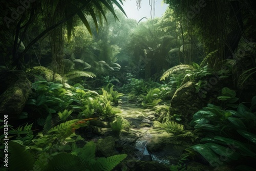 Green prehistoric jungle leaves. Generate Ai photo
