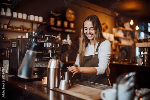  Passionate Small Business Female Owner Crafting Latte Art Masterpiece. Generative AI.