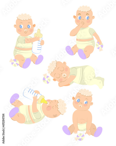 New born baby clip art. Toddlers with toys and milk bottle. Crawling and sleeping little children.