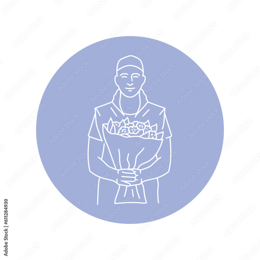 Courier with bouquet of flowers black line icon. Pictogram for web page Courier with bouquet of flowers black line icon. Pictogram for web page