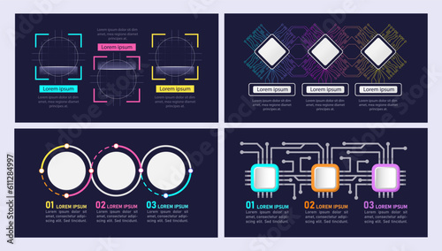 Digital technology for manufacturing infographic chart design template set. Abstract infochart kit with copy space. Instructional graphics with 3 step sequence. Visual data presentation