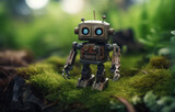 a little robot sitting in the mossy patch, generative AI