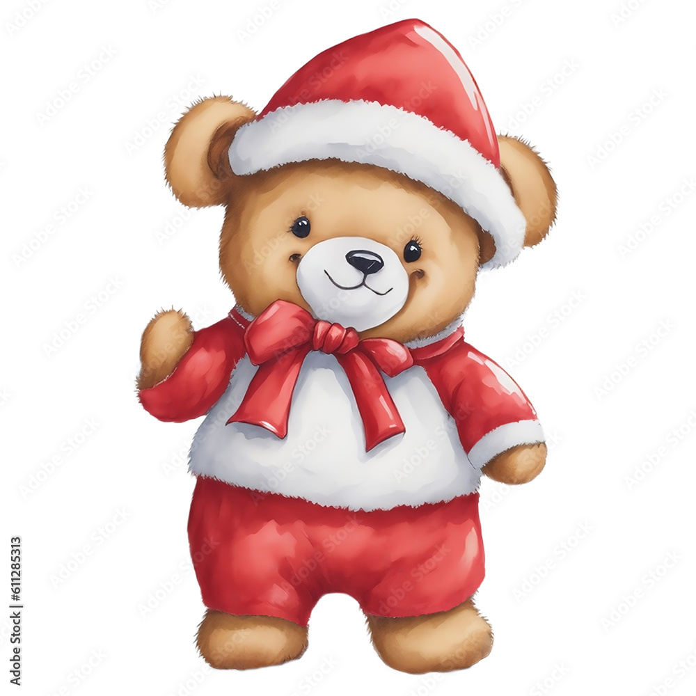 Cute Bear in Santa Clause Costume Show Right Hand in Watercolor Style