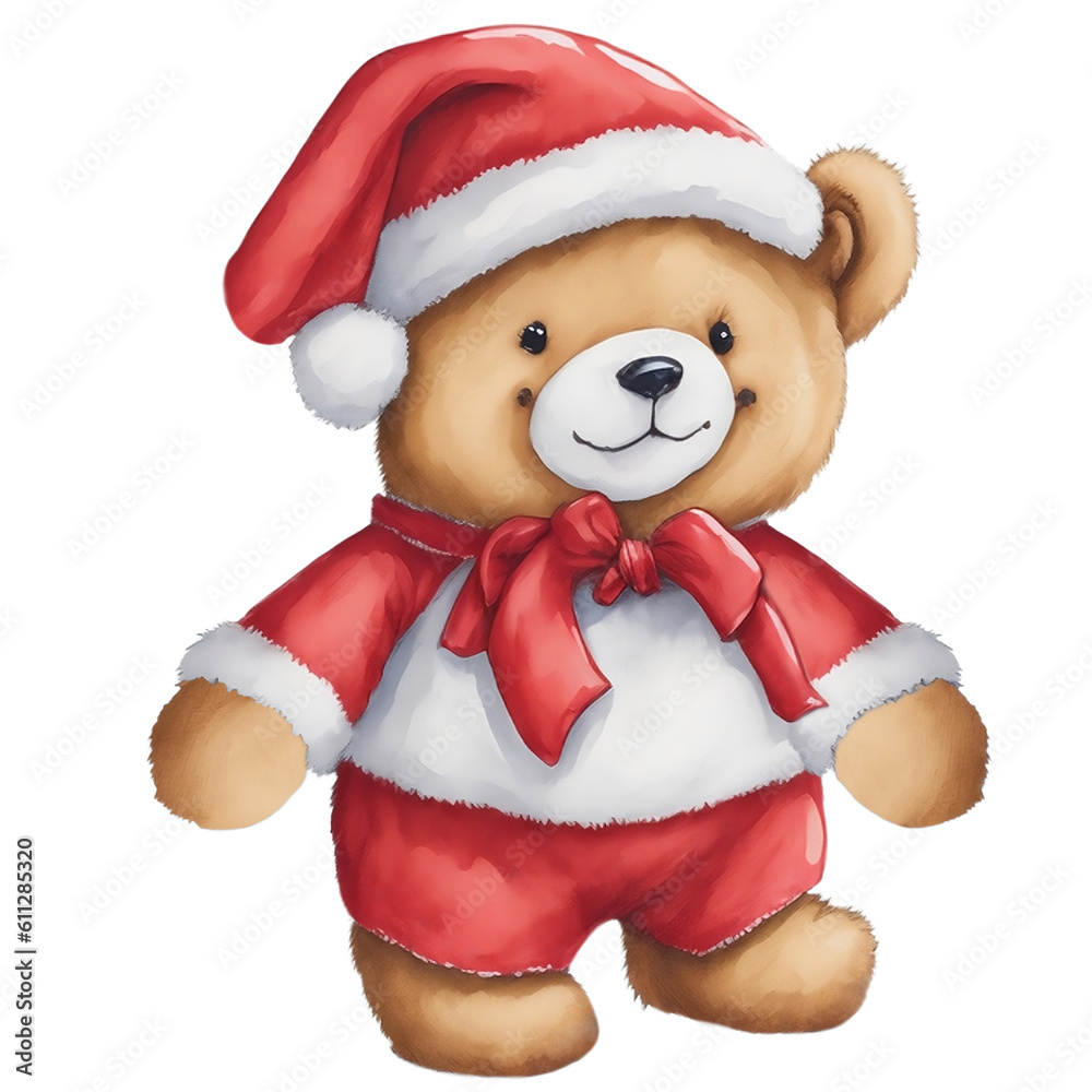 Standing Cute Bear in Santa Clause Costume in Watercolor Style