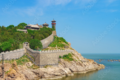 Penglai Pavilion scenic area under the blue sky and white clouds