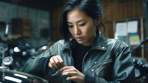 Women auto mechanics repair cars and motorcycles, made with Generative AI