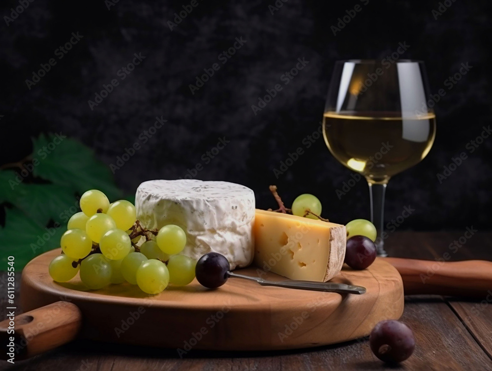 cheese in assortment with grapes and wine on a black background