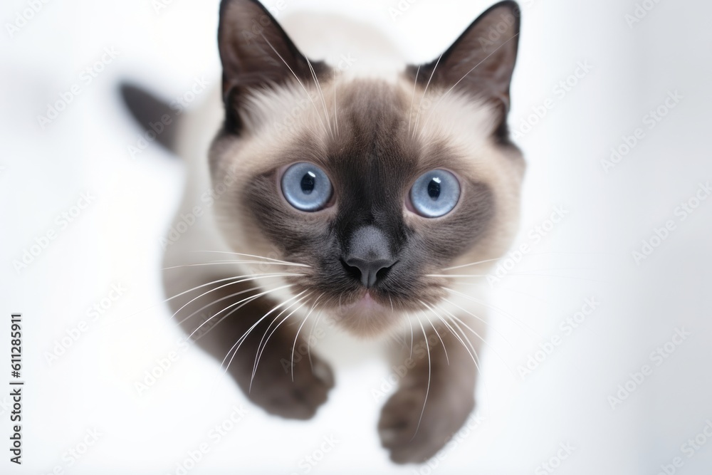 Close-up portrait photography of a cute siamese cat running against a white background. With generative AI technology
