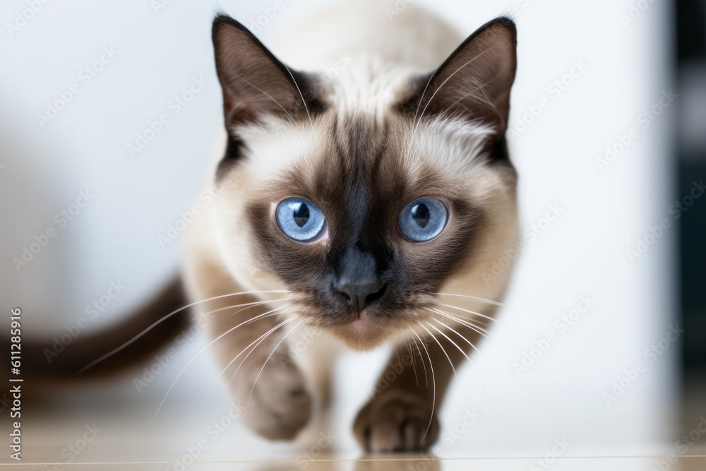 Close-up portrait photography of a cute siamese cat running against a white background. With generative AI technology