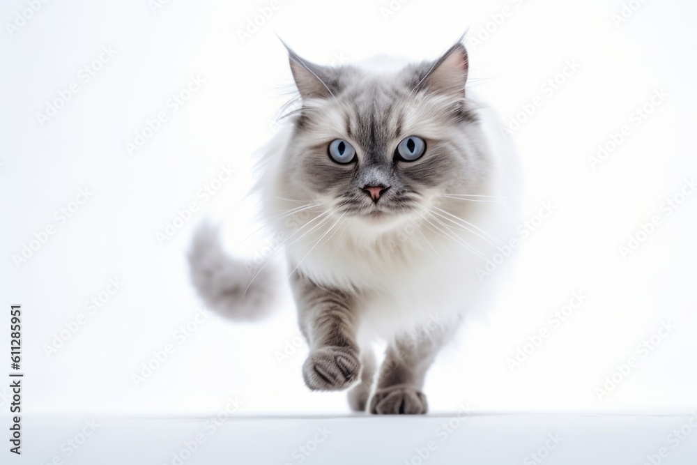 Obraz premium Environmental portrait photography of a curious ragdoll cat running against a white background. With generative AI technology