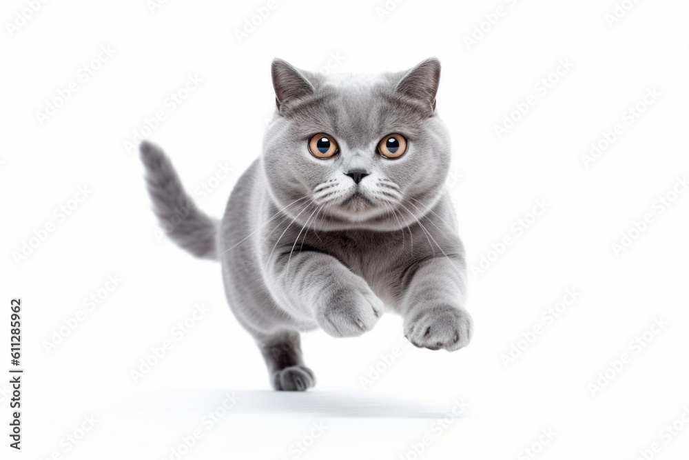 Fototapeta premium Full-length portrait photography of a cute british shorthair cat hopping against a white background. With generative AI technology