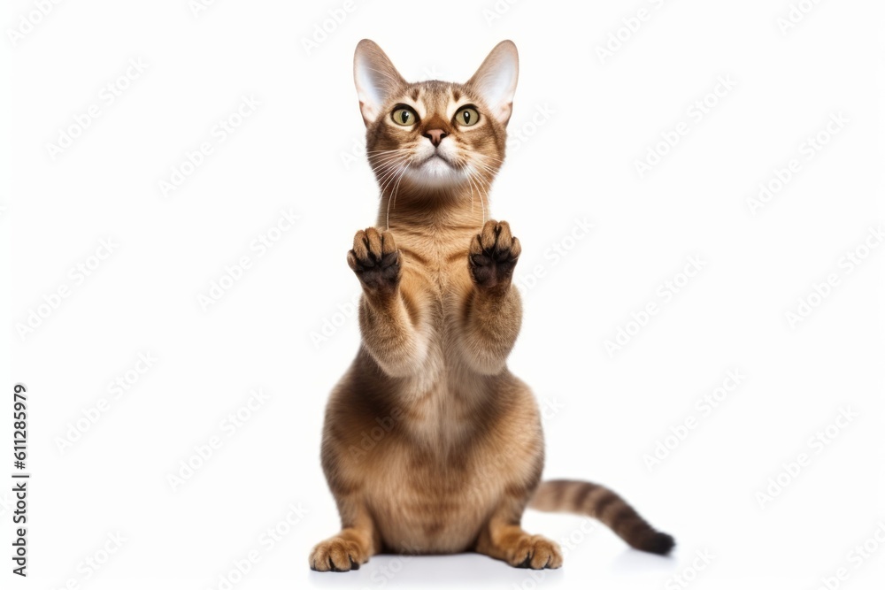 Medium shot portrait photography of a happy abyssinian cat kneading with hind legs against a white background. With generative AI technology