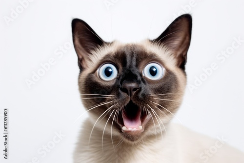 Environmental portrait photography of a curious siamese cat meowing against a white background. With generative AI technology