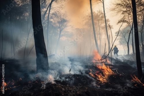 Forest fire with burning dry grass and trees in the background, Nature disaster concept, forest fire with trees on fire firefighters trying to stop the fire, AI Generated © Iftikhar alam