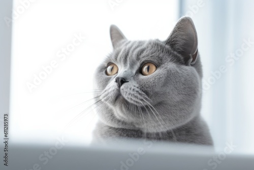 Medium shot portrait photography of a cute british shorthair cat window watching against a white background. With generative AI technology