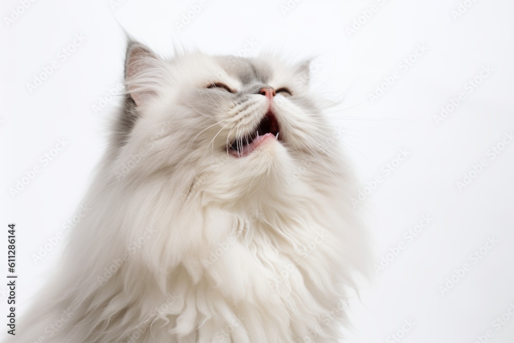 Medium shot portrait photography of a smiling himalayan cat scratching against a white background. With generative AI technology