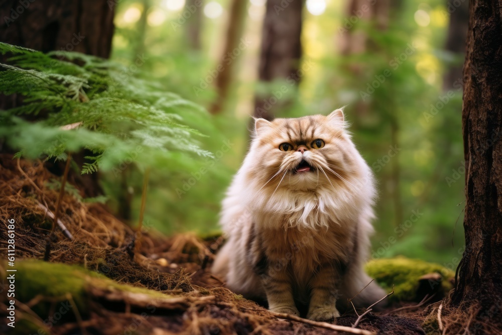 Medium shot portrait photography of a happy persian cat exploring against a forest background. With generative AI technology