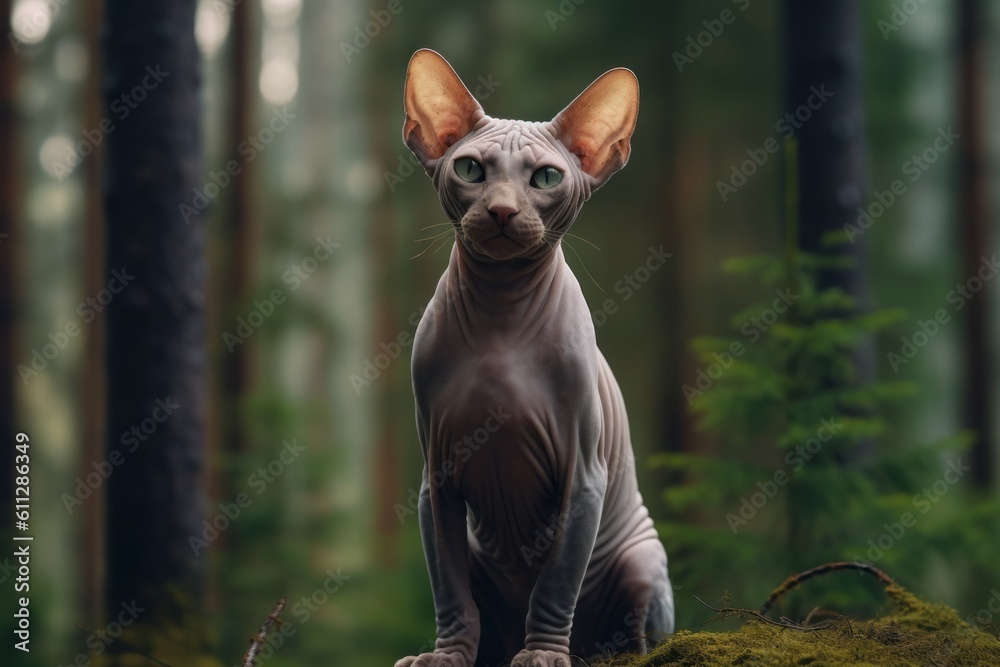 Full-length portrait photography of a smiling sphynx cat back-arching against a forest background. With generative AI technology