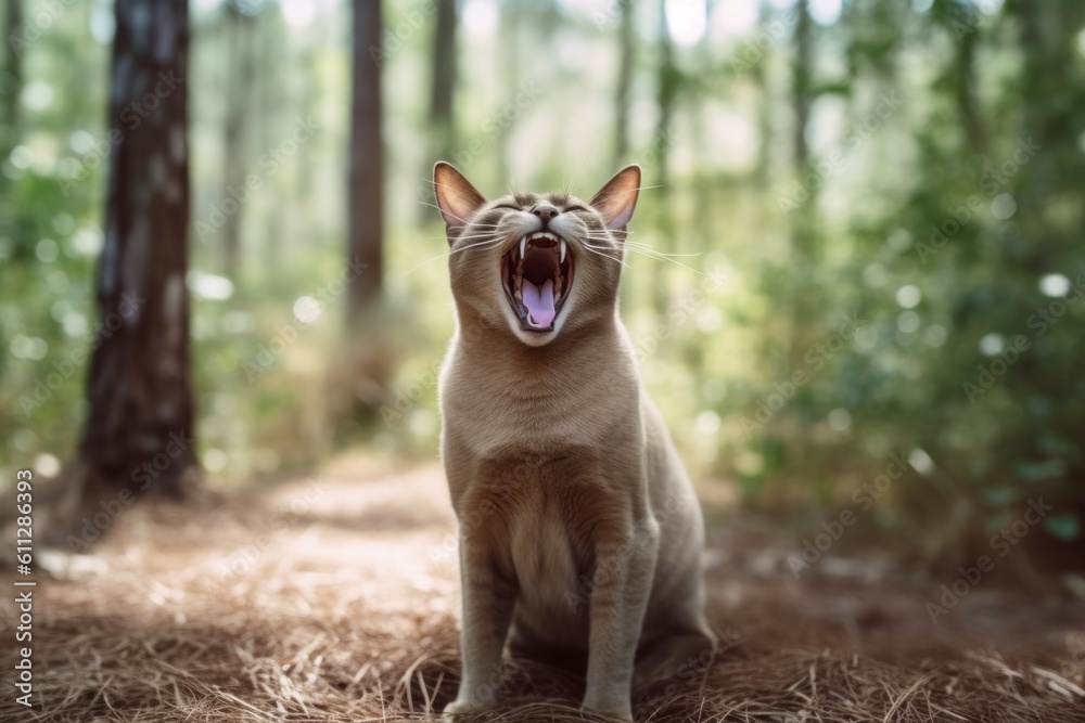 Full-length portrait photography of a happy burmese cat meowing against a forest background. With generative AI technology