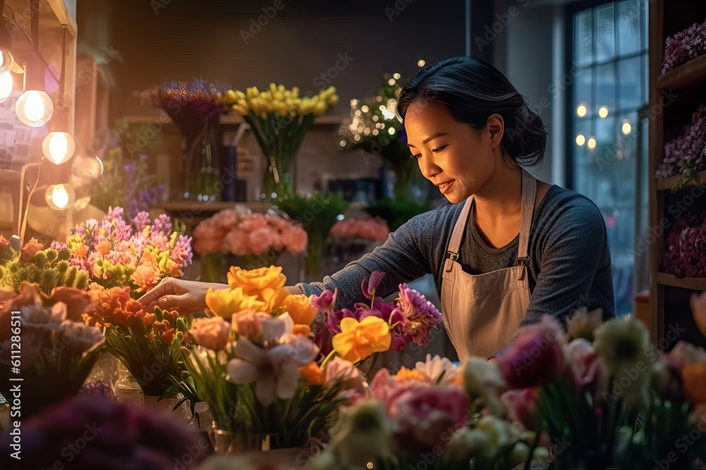 Passionate Female Owner Arranging Fresh Flowers in Modern Flower Shop. Generative AI.