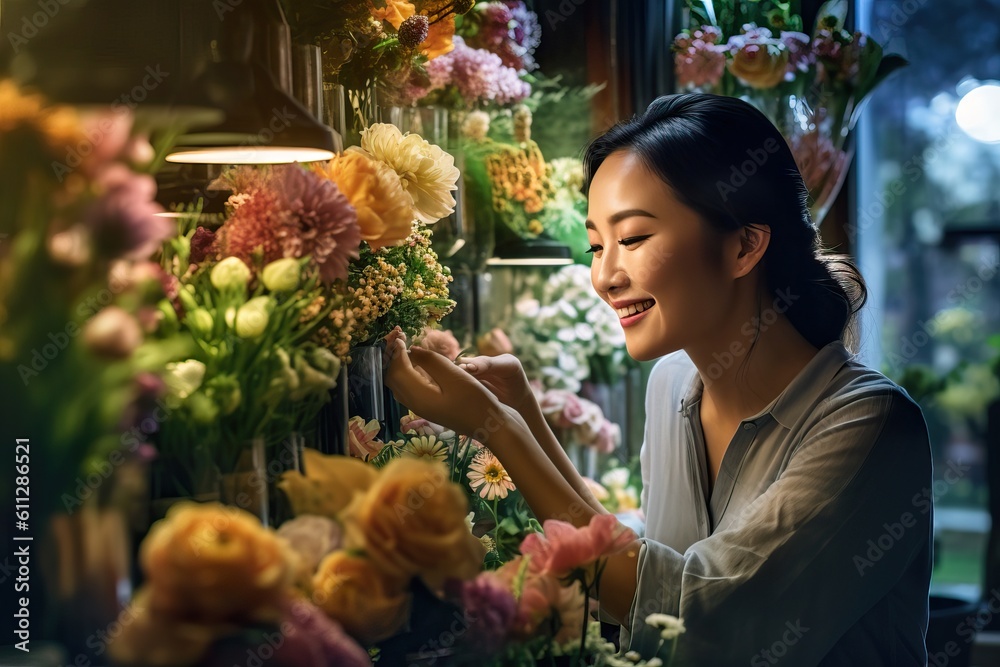 Passionate Female Owner Arranging Fresh Flowers in Modern Flower Shop. Generative AI.