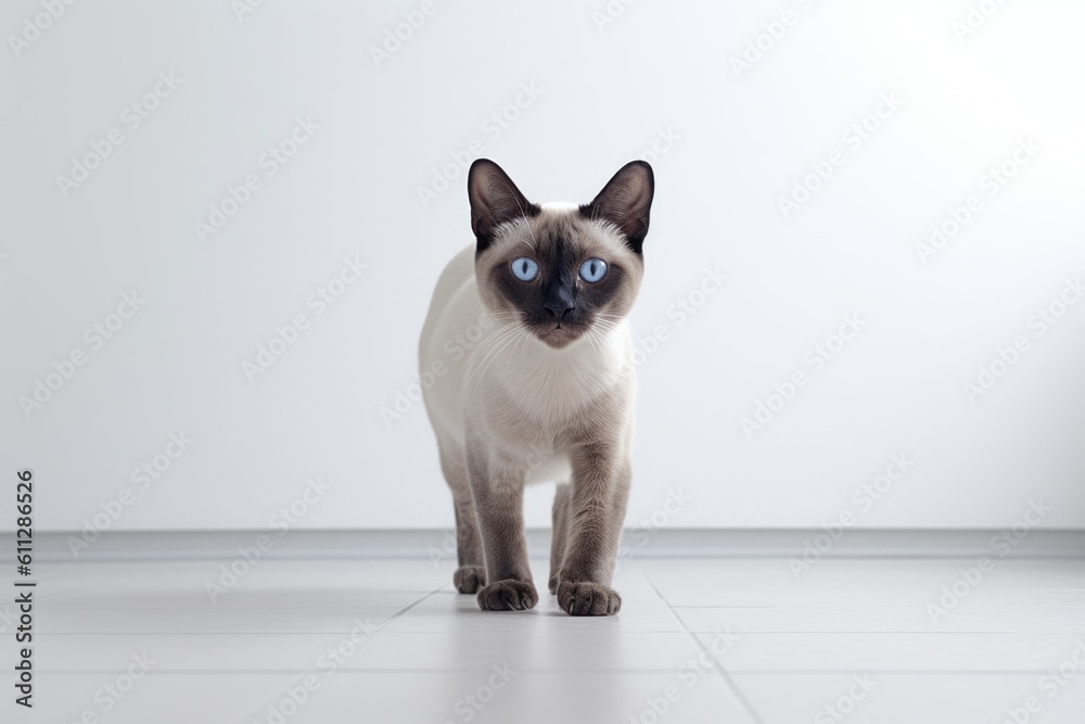Conceptual portrait photography of a happy siamese cat exploring against a minimalist or empty room background. With generative AI technology