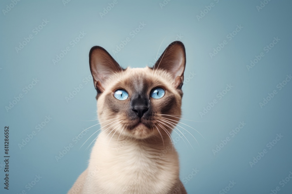Lifestyle portrait photography of a smiling siamese cat skulking against a minimalist or empty room background. With generative AI technology