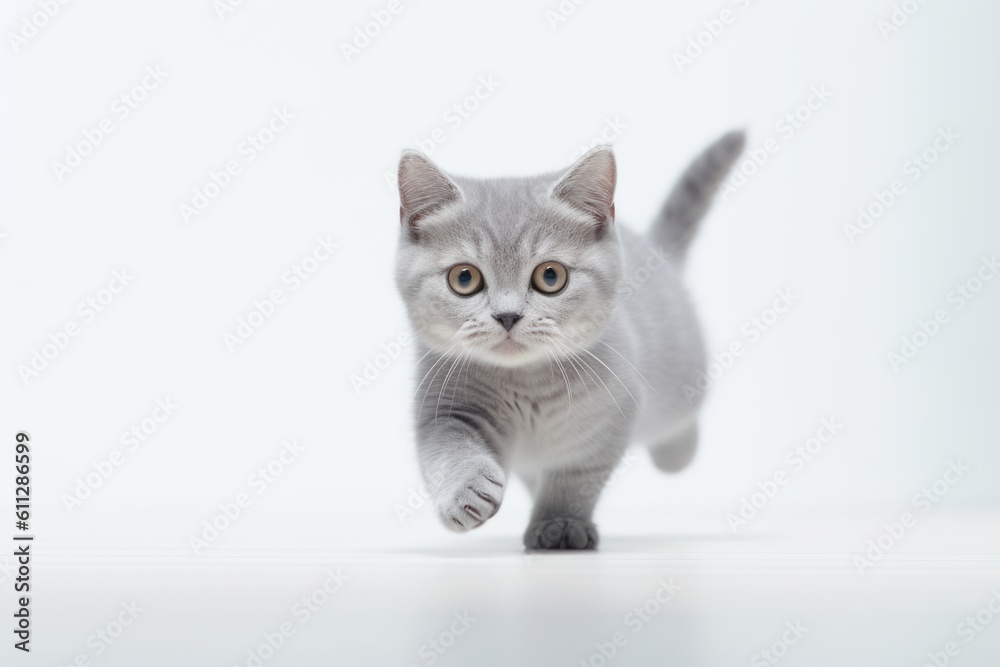 Close-up portrait photography of a cute british shorthair cat sprinting against a minimalist or empty room background. With generative AI technology