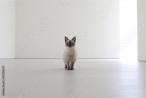 Obraz na plátně Conceptual portrait photography of a happy siamese cat exploring against a minimalist or empty room background
