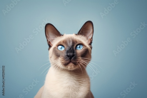 Lifestyle portrait photography of a smiling siamese cat skulking against a minimalist or empty room background. With generative AI technology