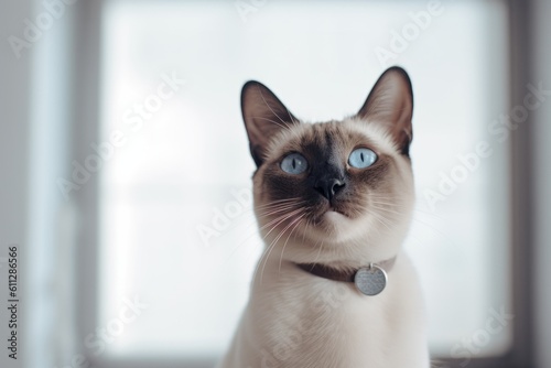 Lifestyle portrait photography of a smiling siamese cat skulking against a minimalist or empty room background. With generative AI technology © Markus Schröder