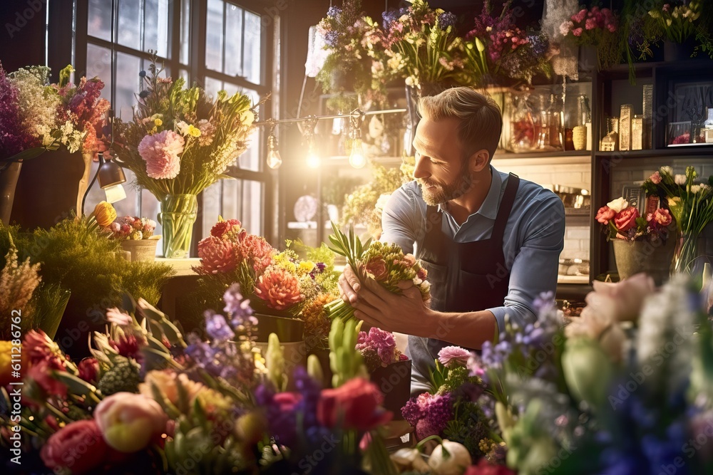  Passionate Small Business Owner Arranging Fresh Flowers in Modern Flower Shop. Generative AI.