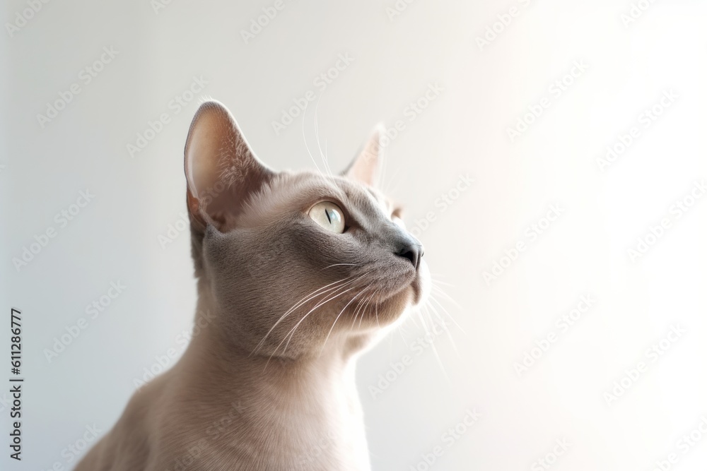 Medium shot portrait photography of a cute burmese cat skulking against a minimalist or empty room background. With generative AI technology