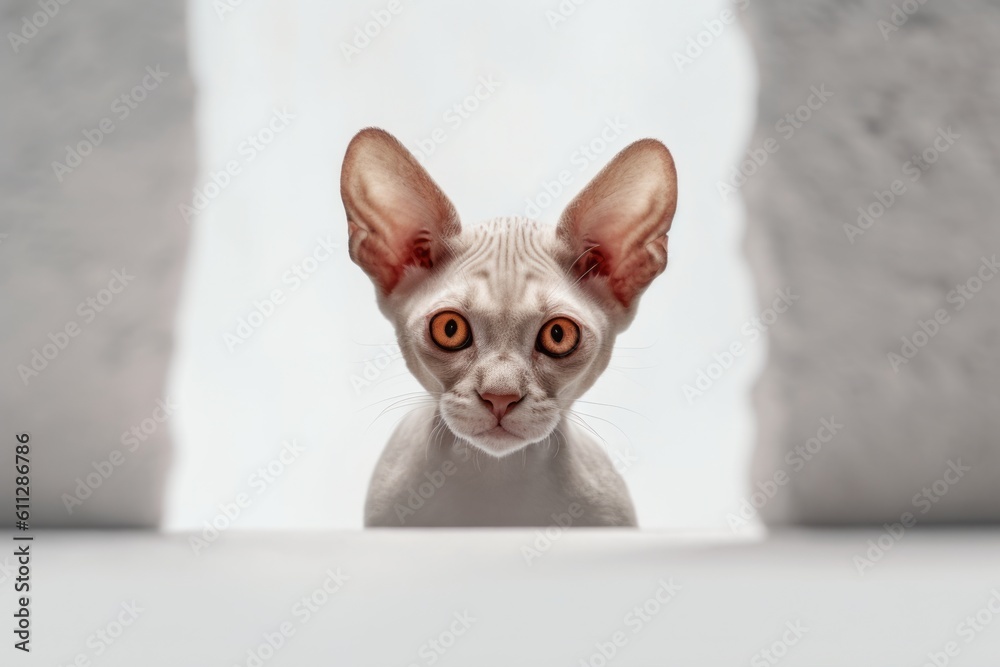 Close-up portrait photography of a curious devon rex cat crouching against a minimalist or empty room background. With generative AI technology
