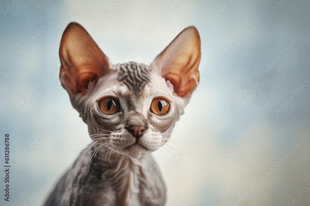 Close-up portrait photography of a curious devon rex cat crouching against a minimalist or empty room background. With generative AI technology