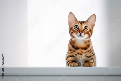 Medium shot portrait photography of a curious bengal cat climbing against a minimalist or empty room background. With generative AI technology