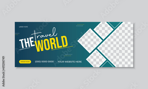 Travel vector facebook cover design template for ads tour social media cover with photo place holder, web banner, travel social media banner design.